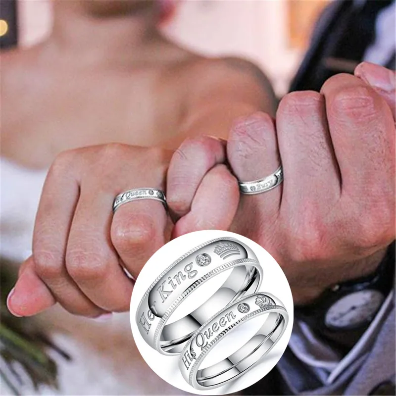 

Silver Matching Couple Wedding Rings His Queen Her King Stainless Steel Engagement Promise Ring Wedding Band Jewelry Gifts