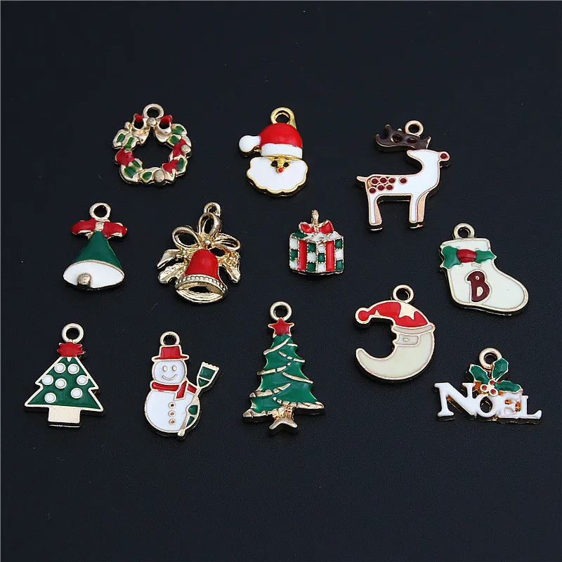

12pcs Multi Colorful Enamel Christmas Pendant Charms Sock Snowflake Santa Claus Bell Elk Shape Jewelry Fingings