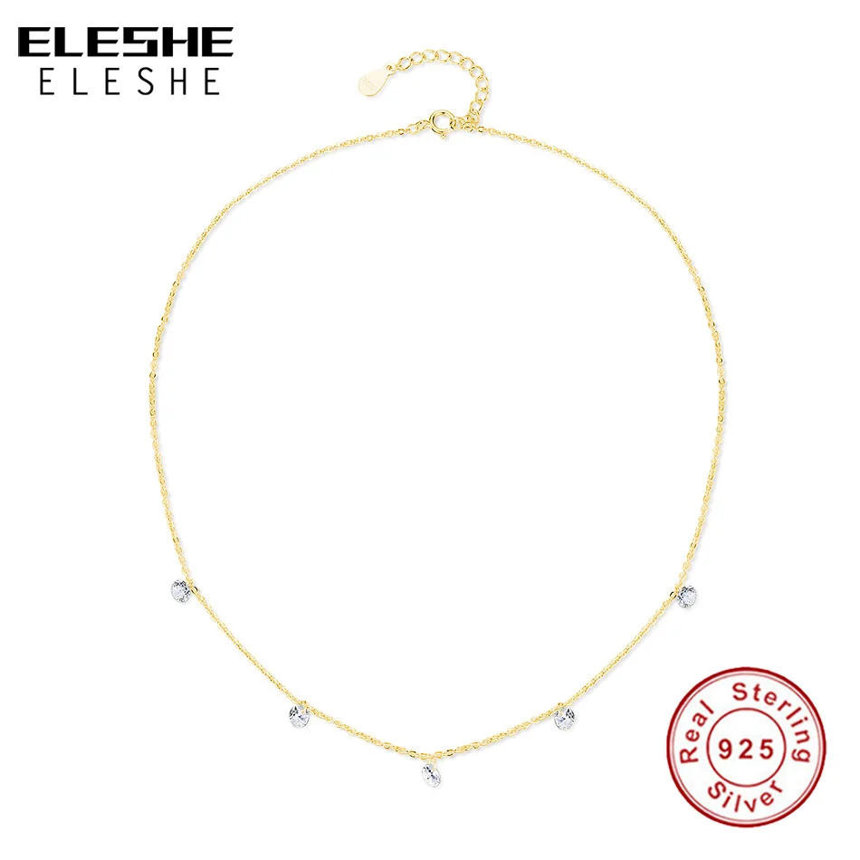 ELESHE Trendy Crystal Pendant Necklace 925 Sterling Silver Gold Color Chain Choker Necklace for Women Jewelry Christmas Gift