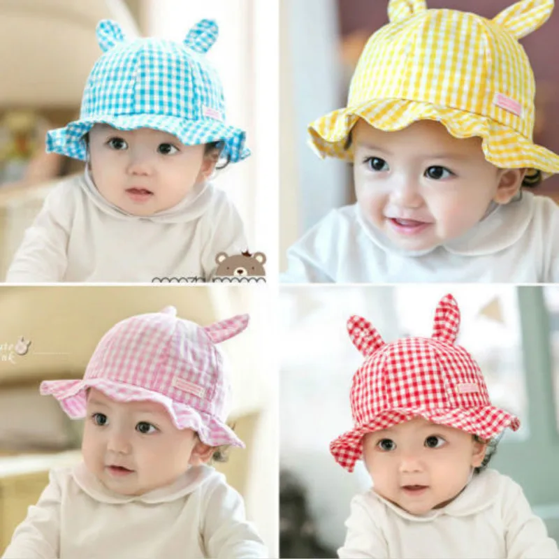 

MrY Newborn Baby Girls Kid Rabbit Ears Princess Outdoor Summer Sun Grid Cute Hat Cap Red Yellow Blue Pink New