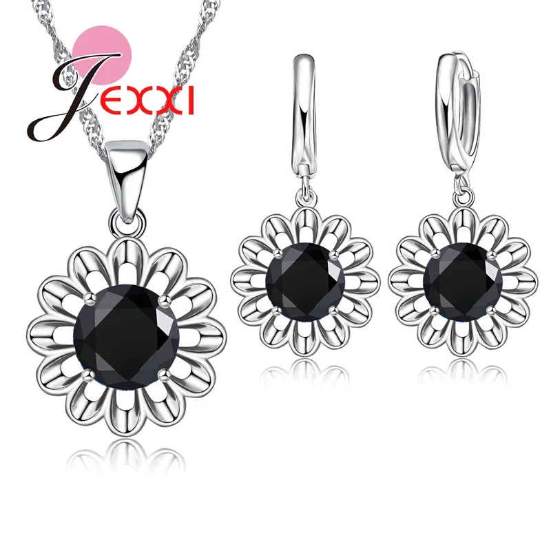 Высокое качество 8 цветов 925 серебро цветок ювелирный набор для женщин кристалл кулон ожерелье серьги Weddingg горячая распродажа - Окраска металла: black