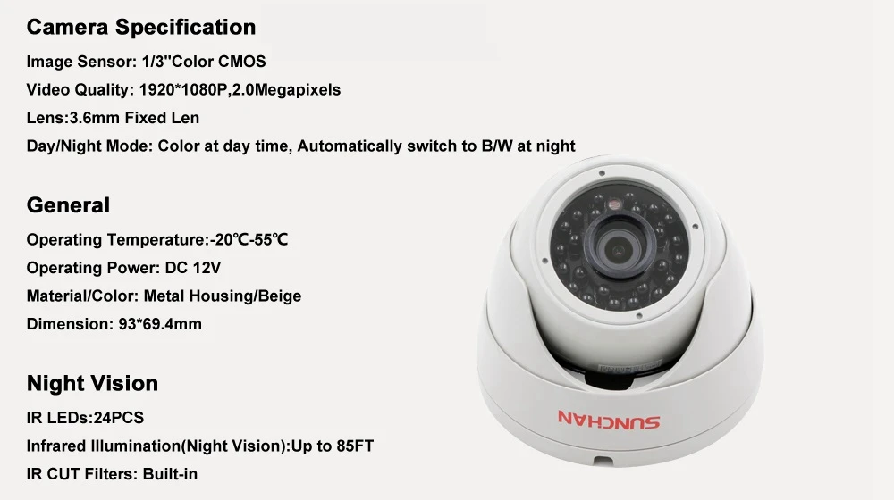 SUNCHAN 2.0MP 1080P AHD Indoor Dome Home Security System CCTV Camera