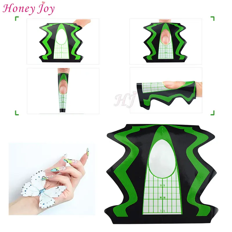 

100pcs Pro Sticky Stable Green Nail Forms for Acrylic Curve UV Gel Nails Extension Nail Art Tool Guide Self-Adhesive