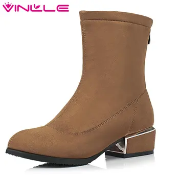 

VINLLE 2020 Women Shoes Fashion Ankle Boots Square High Heel Lace Up Round Toe PU leather Ladies Motorcycle Shoes Size 34-43