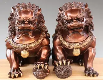 

10" China Royal Palace Feng Shui Copper Bronze Fu Foo Dog Guardion Lion Animal Statue