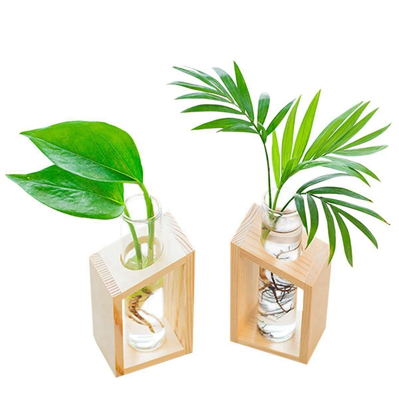 

Crystal Glass Test Tube Vase in Wooden Stand Flower Pots for Hydroponic Plants Home Garden Decoration