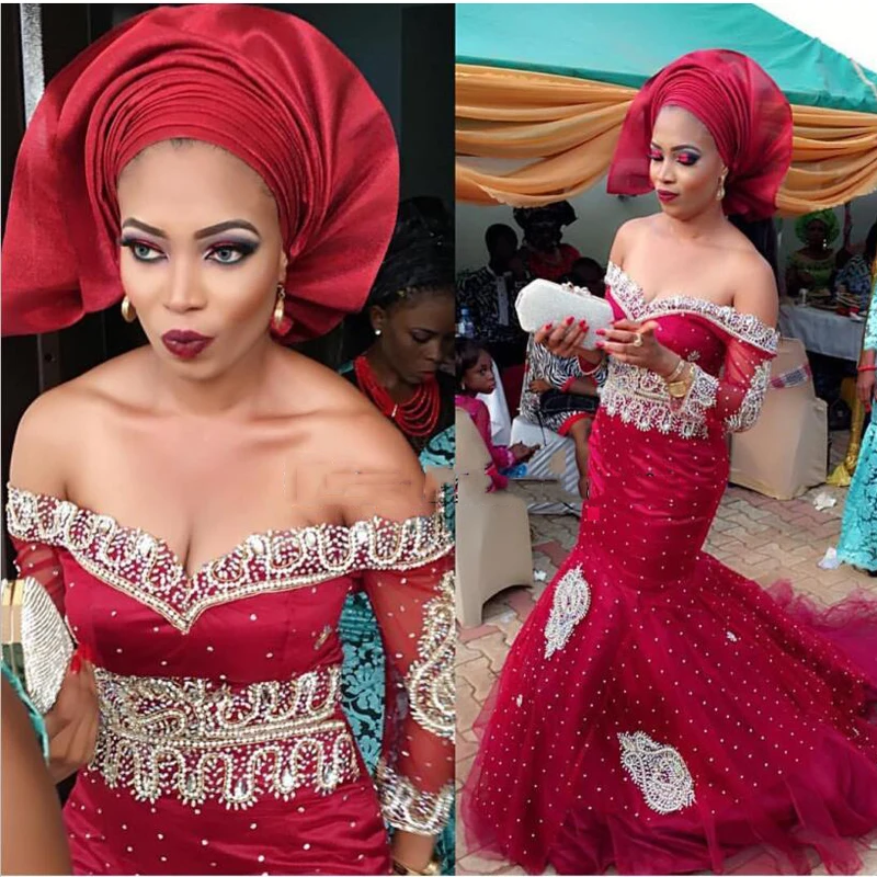 African Burgundy Evening Dresses Long Mermaid Luxury Africa Fashion Evening Fromal Dress Bridal Evening Dresses African Style