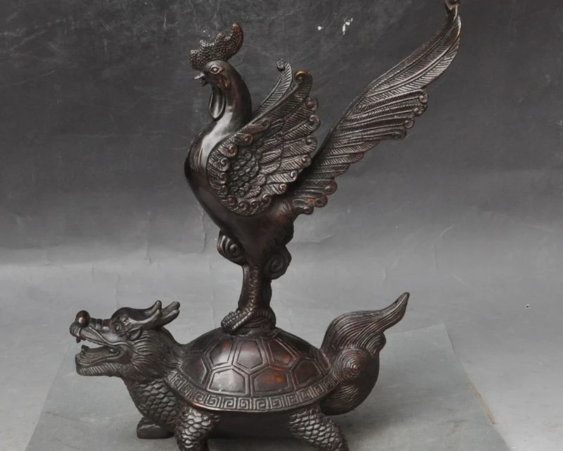 

Lucky China Bronze Fengshui Cock Rooster Longevity Dragon Turtle tortoise Statue