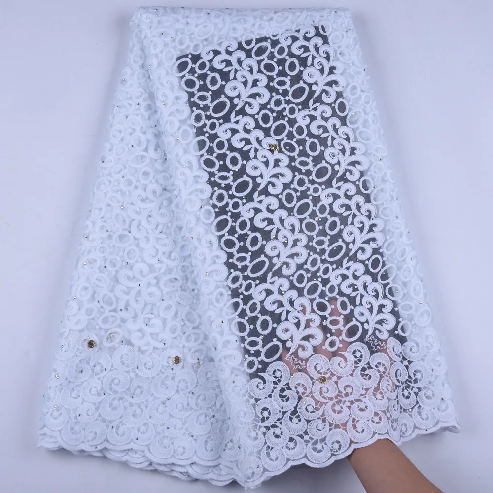 

African Guipure Cord Voile Lace High Quality Pure White Embroidery Stones Net Mesh Tulle Lace For African Wedding Party Dress