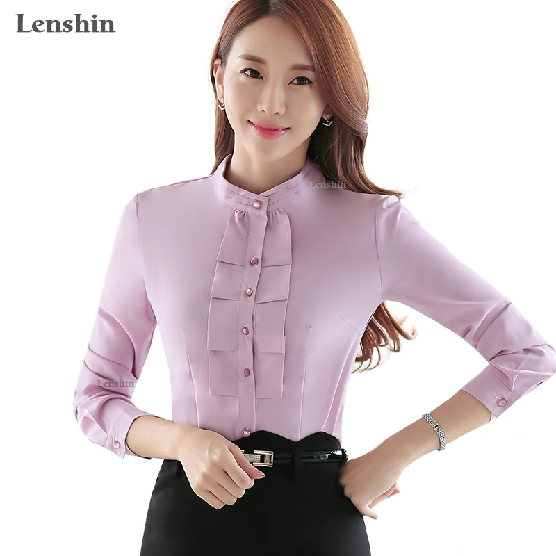 Lenshin Autumn New Pink Shirt Women Office Lady Stand Collar Ruffle Top ...