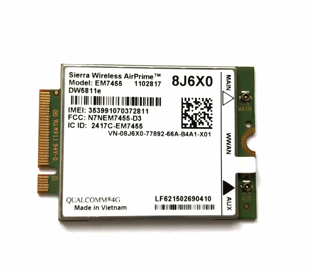 Módulo 4G Cartão 4G, EM7455, DW5811E, PN 8J6X0, FDD, TDD, LTE CAT6, E7270, E7470, E7370, E5570, E5470, Precisão 7720, 7520, 3520, 7510