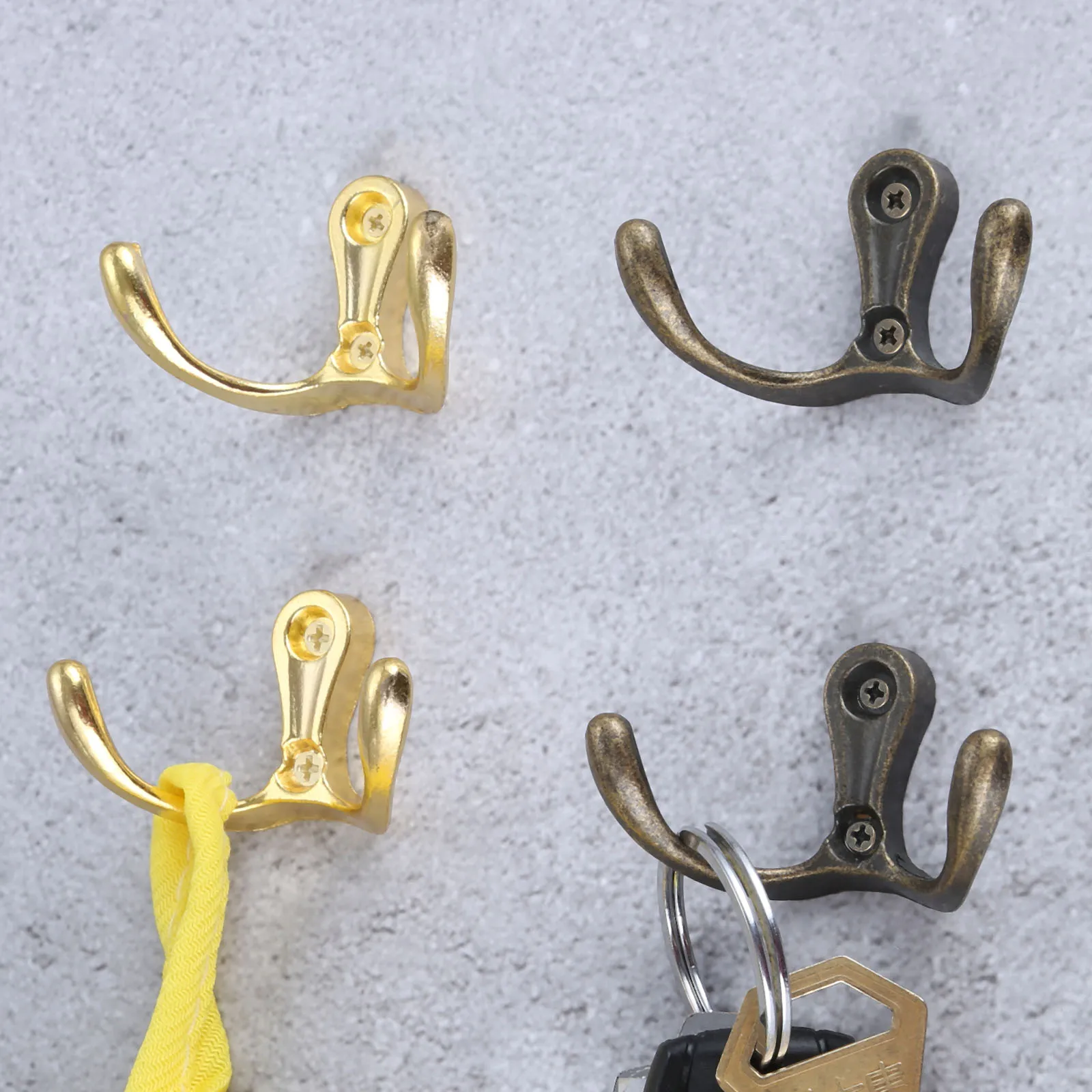 

DRELD 2Pcs Antique Bronze/Gold Hooks Bath Door Hanger Bathroom Accessories Double Prong Hat Coat Clothes Towel Robe Hook 53*30mm