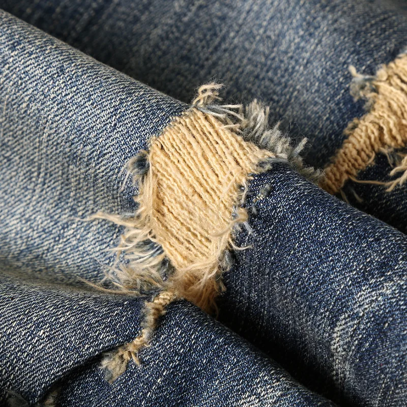 Cotton Embroidery Straight Men Jeans Trousers Slim Appliques Stonewashed Zipper Fly Full Length Fear Of God Mens Biker Fashion 