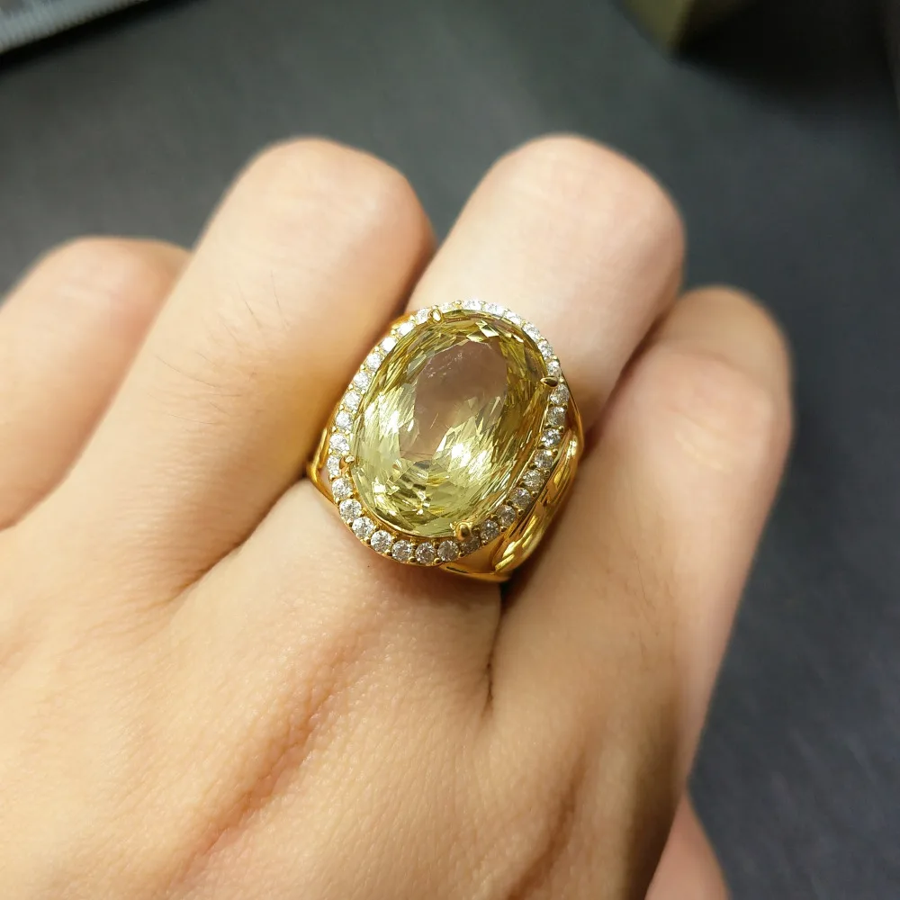 

FLZB, Huge ring natural lemon quartz bird's nest cut ov 12*16mm in 925 sterling silver with gold plated elegant ring for women