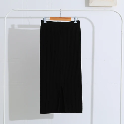 Толстый разрез на сумку на юбку бедра плиссированные шаг в длинной зимней женской шерстяной юбки - Цвет: Черный