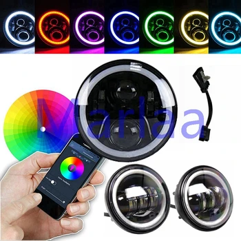 

7" LED RGB Halo Angel Eye Headlights Bluetooth App Controlled & 4.5 inch white halo led driving light for Motorcycle
