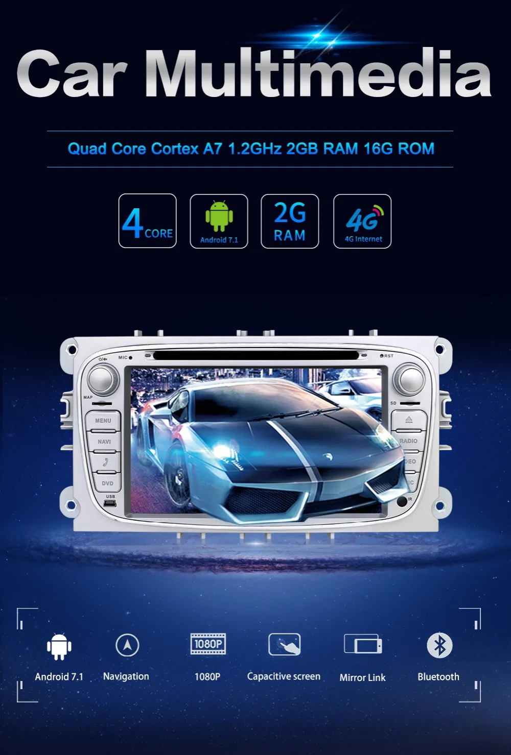 Discount 2G RAM 32G ROM Quad core android 7.1 car dvd for Ford focus Mondeo S-max smax Kuga c-max gps radio video wifi multimedia player 0
