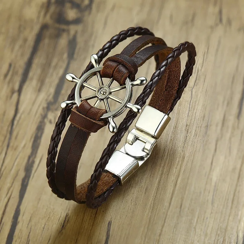 Leather Bracelet Leather Bangle Men Sailor Rudder Multilayer Leather Bracelet Nautical Bangles for Men