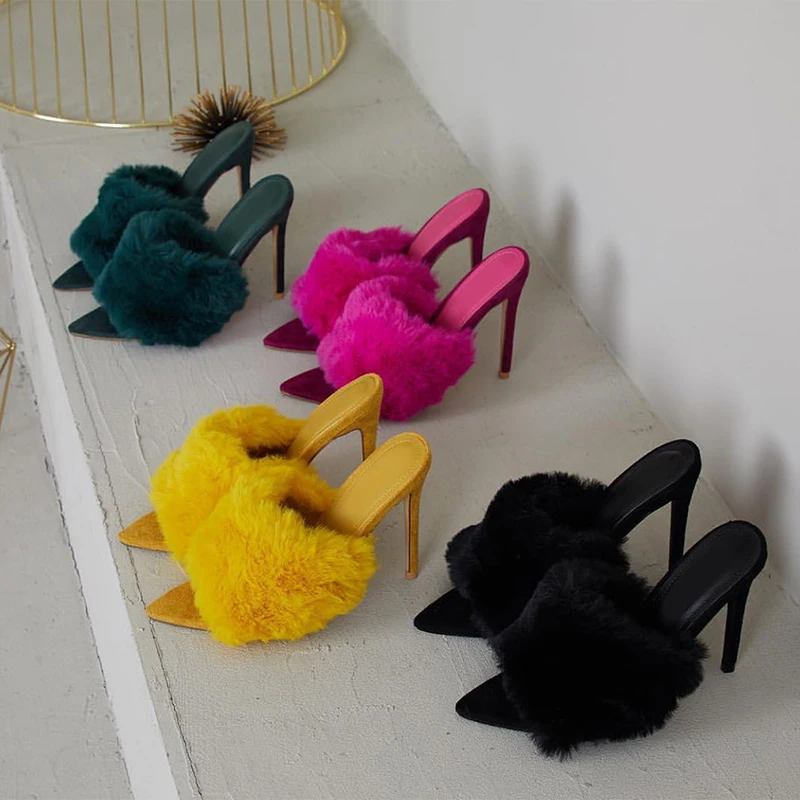 

2019 New European Station Sandals Candy Color Luxury Rabbit Fur Slippers Large Women Shoes Size 35-43 High Heel Sandals
