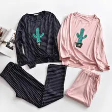 Новые весенне-осенние женские пижамы полосатые пижамы Дамская мягкая одежда для сна домашние комплекты