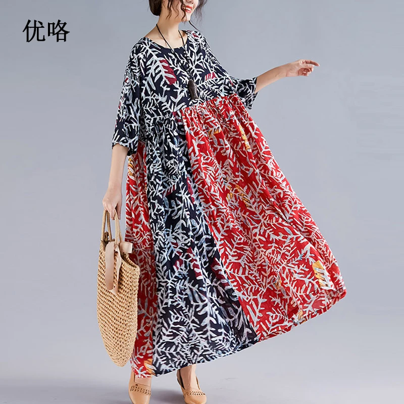 

Women Summer Linen Dress Plus Size Ethnic Floral Print O Neck Dress Vintage Cotton Loose Casual Long Dresses 4XL 5XL 6XL 2019