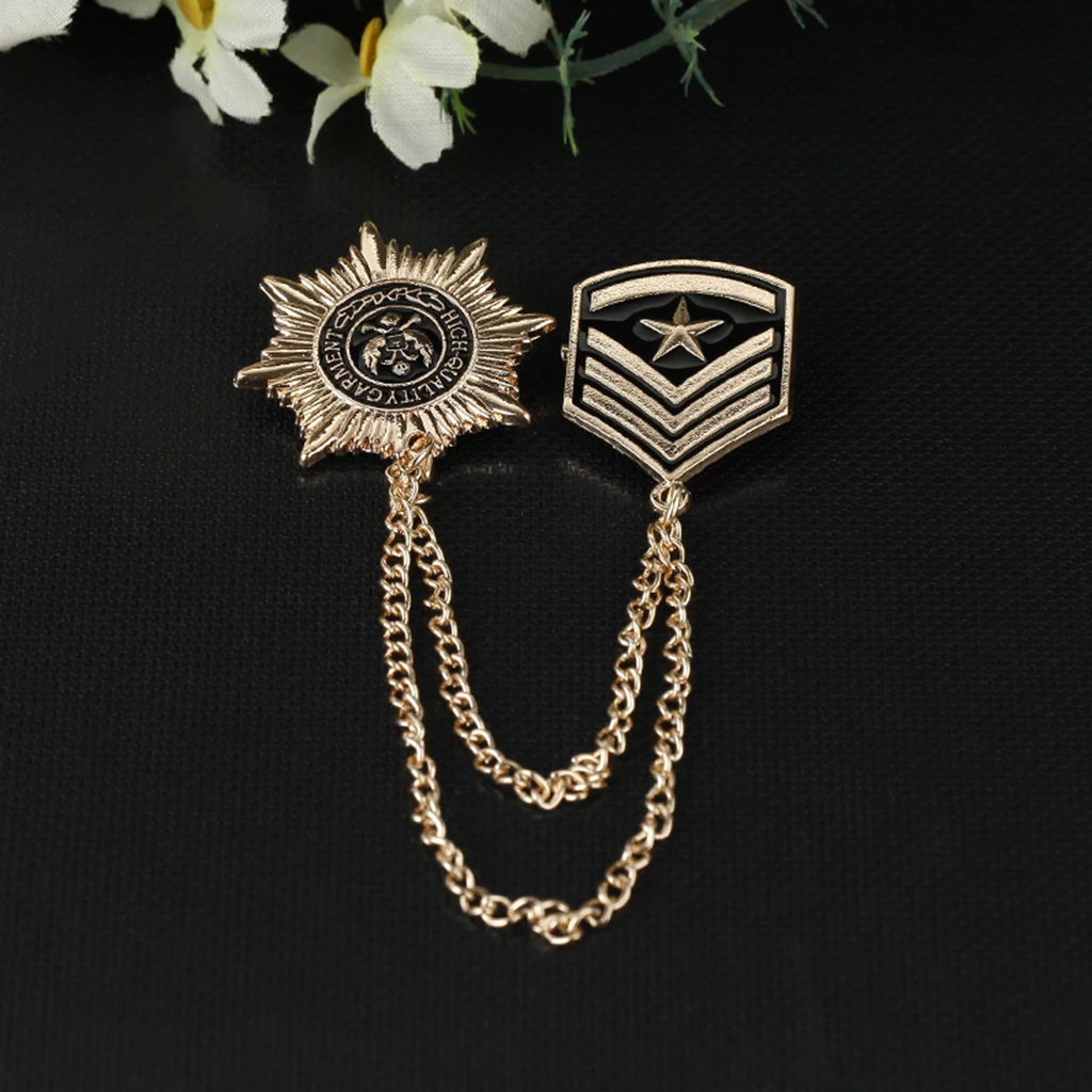 Vintage Retro Gold Tassel Chain Brooch Pins Anise Star Shield Army Medal Ornaments for collars hats handbags clothes suits