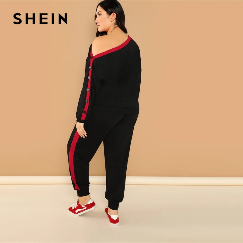 SHEIN Спортивный Костюм Размера Плюс С Контрастной Отделкой Топ С Открытым Плечом И Спортивные Брюки