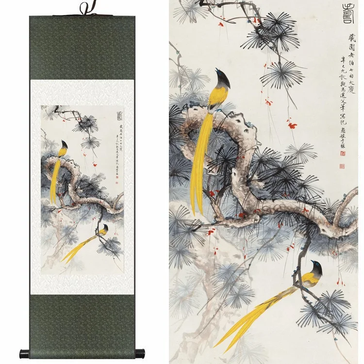 

Traditional Chinese Silk watercolor flower Pine Yellow Bird ink art print canvas wall picture damask framed scroll painting gift