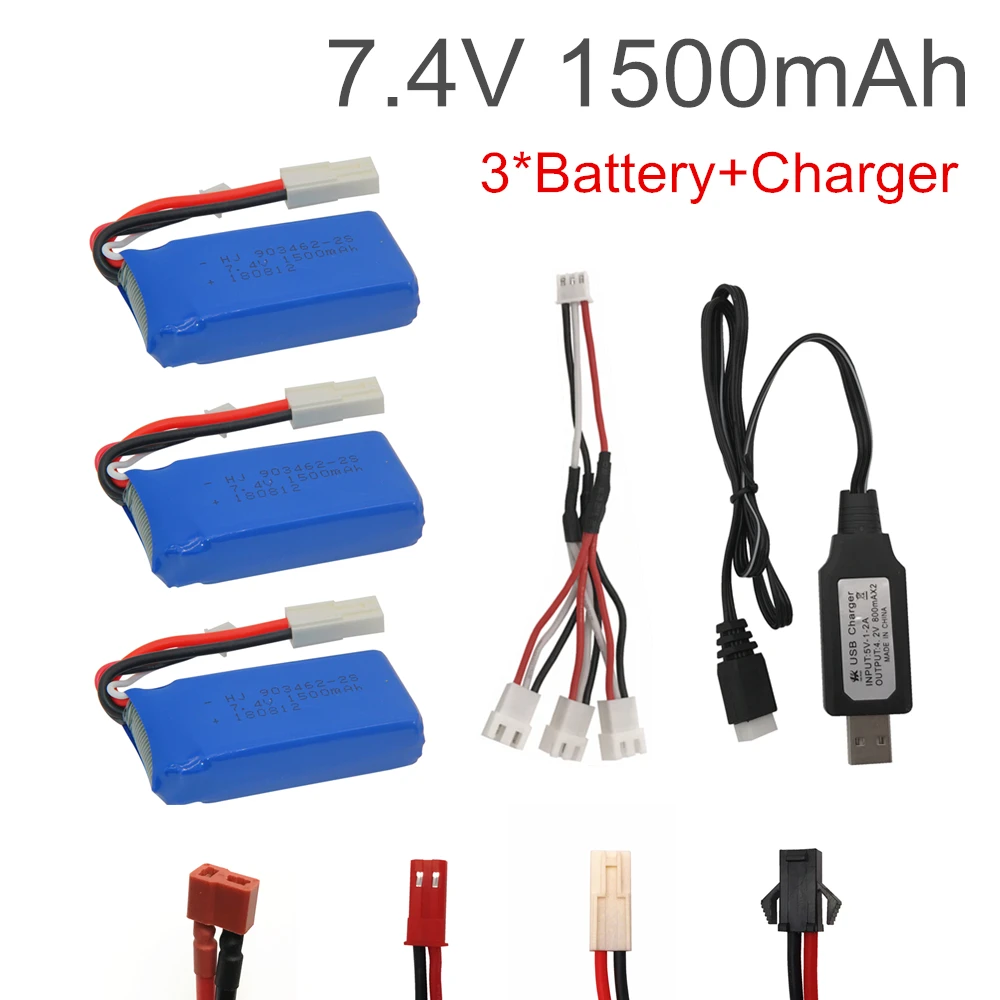 

7.4V 1500mAh Lipo battery With USB Charger For FT009 RC Boat 12428 battery Lipo 2S 7.4 V 1500 mah 903462 2S JST SM T PLUG