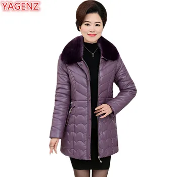 

YAGENZ Women Plus size Leather Jacket Winter Jacket Women Long Coat Middle aged Fashion Women Fur collar Parkas Leather Coat 682