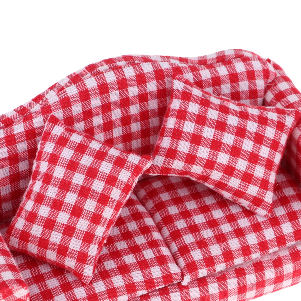 1/12 Dollhouse Miniature Living Room Furniture Decor Red Plaid Sofa Couch & Oval Tea Table Set Kids Pretend Play Toy
