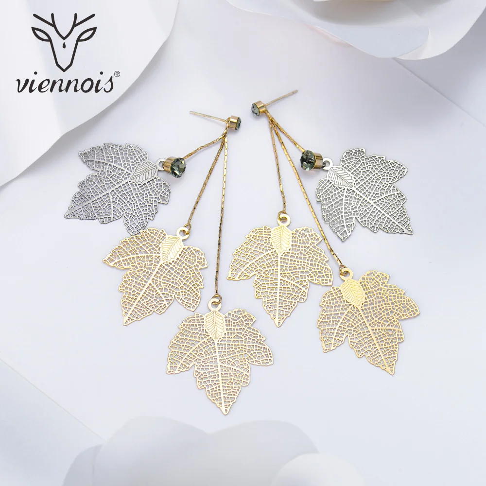 Viennois Gold & Black Hollow Out Maple Leaf Women Dangle Earrings Triple Leaves Long Drop Earring Jewelry With Rhinestone Viennois Gold & Black Hollow Out Maple Leaf Women Dangle Earrings Triple Leaves Long Drop Earring Jewelry With Rhinestone