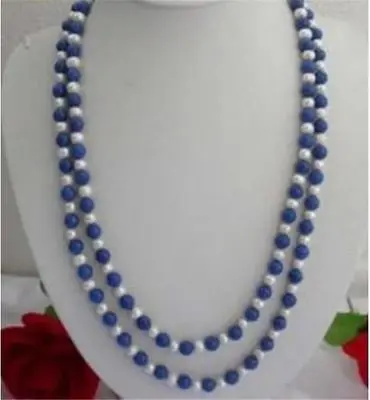 

Hot sale Free Shipping>>Natural 8mm Egyptian Blue Lapis Lazuli & Real White Pearl Necklace 33