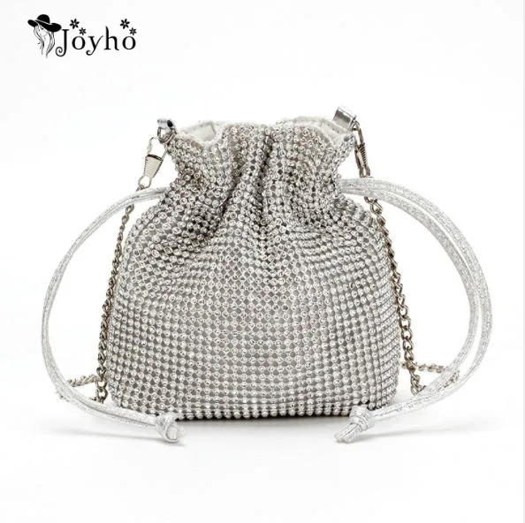 

JOYHO Simple Rhinestone Inlaid Flash Bucket Clutch Bag For Evening Party Fashion Banquet Chain Bucket Small Bags for Women 2019
