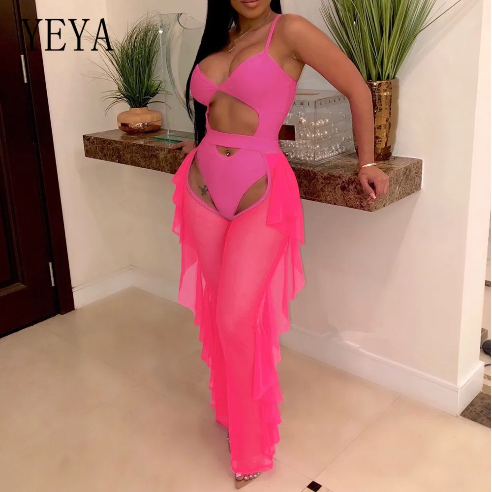 YEYA 2 Pieces Sets See Through Mesh Jumpsuits Sexy Hollow Out Ruffles Bodysuits Women Sleeveless Off Shoulder Elegant Overalls YEYA 2 Pieces Sets See Through Mesh Jumpsuits Sexy Hollow Out Ruffles Bodysuits Women Sleeveless Off Shoulder Elegant Overalls