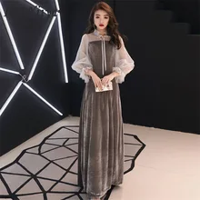 Evening Dress White Tulle Round Collar Velour Long Plus Size Women Party Dress Elastic Cuff Robe De Soiree Prom Dress 2019 E480 contrast collar and cuff grid dress