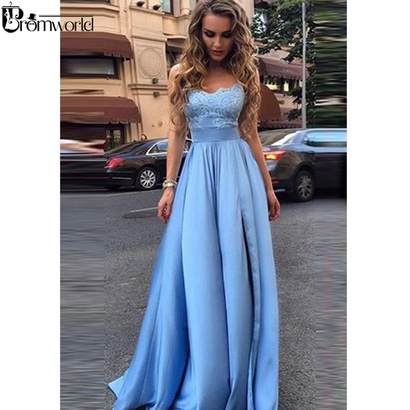 light blue satin homecoming dress
