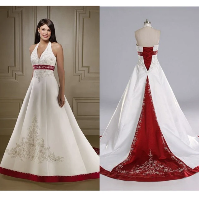 Hot Red And White Wedding Dresses 2017 Halter Neckline Satin Hot Red And White Wedding Dresses 2017 Halter Neckline Satin Embroidery Gowns Beaded Backless Plus