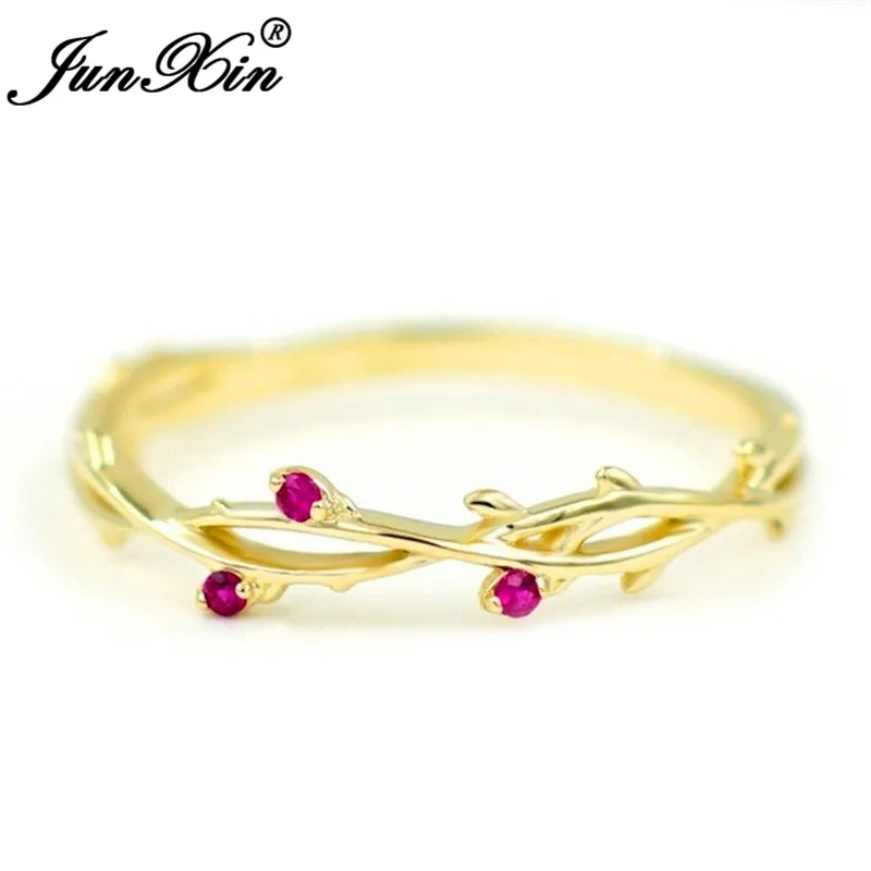 JUNXIN Dainty Rose Red Zircon Eternity Rings For Women 925 Silver Yellow Gold Small Crystal Stackable Wedding Thin Ring Female
