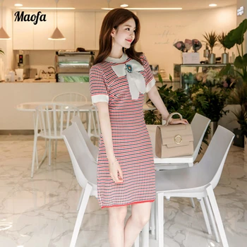 

Summer Women Dress Knitted plaid Dresses patchwork short Sleeve Slim Office Lady Party bow Vestidos Bodycon Pencil Midi Dress