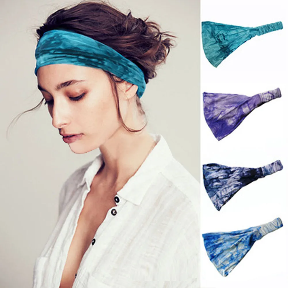 KANCOOCD Tie-dyed Twist Knot Headband Elastic Wrap Yoga Sports Ladies Turban Trendy Solid 1PC Accessories