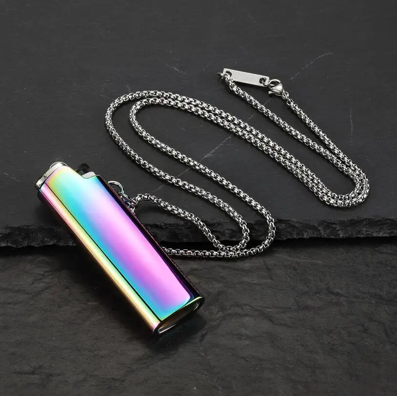 

2019 New Arrived Colorful Hiphop Lighter Cover Shape Pendant Necklace Foe Men Fashion Stainless Steel Necklace Hiphop Jewelry