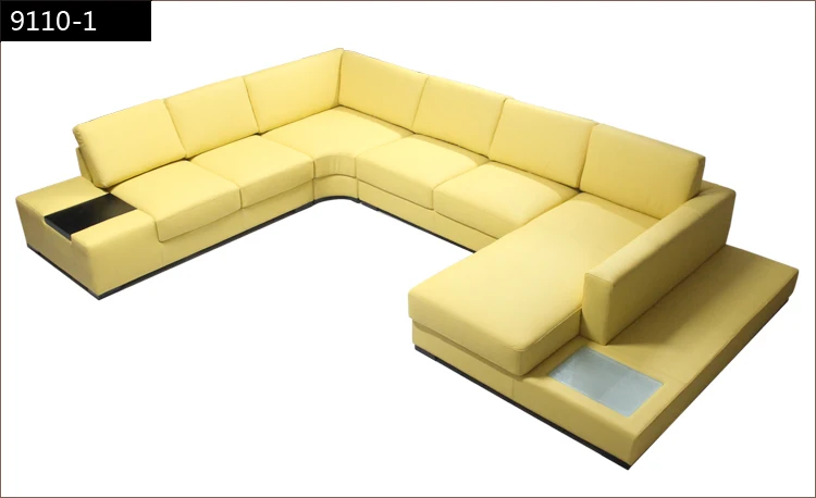

Free Shipping Modern Euro Design Large Size Corner U Shaped with LED light, coffee table fashion yellow Modern Leather Sofa