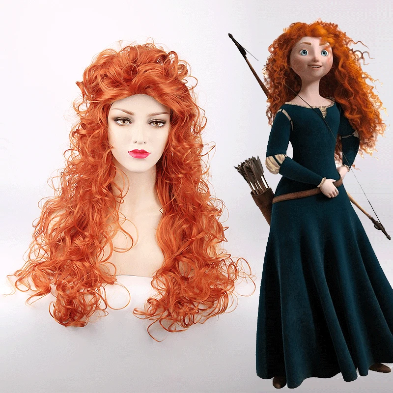 

high quality GIRL Movie Brave Long Curly Princess Merida Cosplay Wig for Cosplay orange hair with hair net