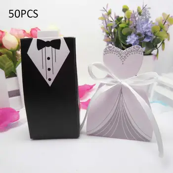

50 pcs Black & white Candy Gift Boxes With Ribbon for Wedding Party Favor Bride and Groom tuxedo dress gown Wedding