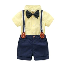 Костюм для мальчиков, летняя детская футболка, хлопковый топ для мальчиков, рубашка с короткими рукавами и галстуком-бабочкой+ комбинезон, комплект из 2 предметов с шортами для мальчиков