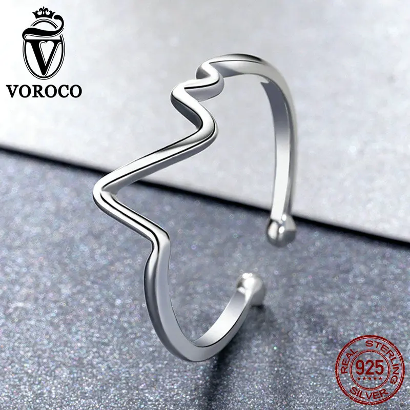 VOROCO Мода Heart Beat кольца для Для женщин 3A Циркон реального 925 пробы серебра волна