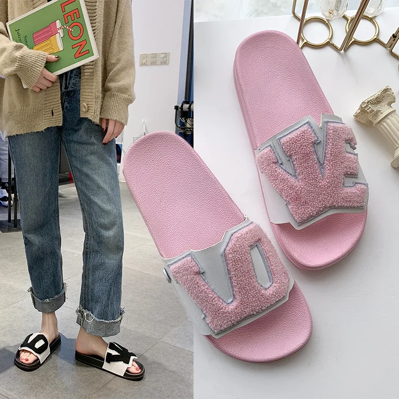 

Suihyung New Women Slippers Casual Flat Slides Fashion LOVE Outside Beach Flip Flops Soft Platform Open Toe Sandals Summer Shoes