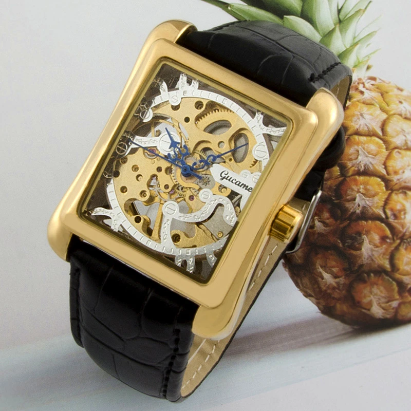 

Luxury Skeleton Automatic Mechanical Men Watch Fashion Square Leather Watches Men Dress Business Male Wale Gold Watc Montre