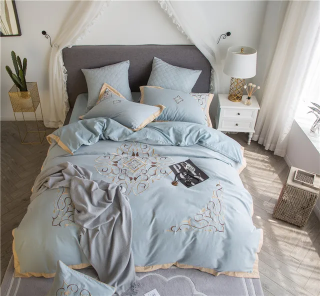 European Embroidery Solid Color Style Warm Cotton Plus Velvet Fabric European Embroidery Solid Color Style Warm Cotton Plus Velvet Fabric Bedding Set Duvet Cover Bed Linen Sheet Pillowcases